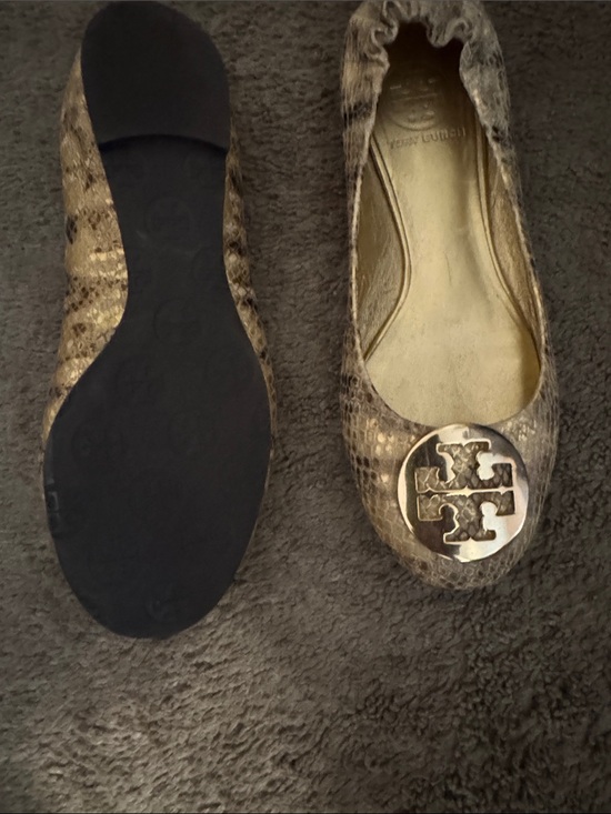 Tory Burch Shoes - Tory Burch Metallic Gold Snake-Print Logo Ballet Flats